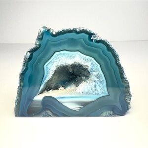 Blue Agate Geode Half Polished Quartz Crystal Home Decor Rock Mini Book End
